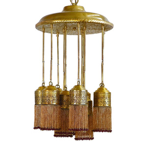 Moroccan Brass Chandelier with Dangling Fringes